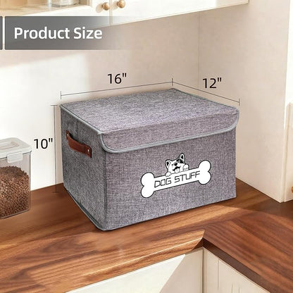 Fabric Dog Toy Box with Lid, Collapsible Storage Bin, Basket Organizer with Handle for Dog Toys, Blankets and Accessories, Grey