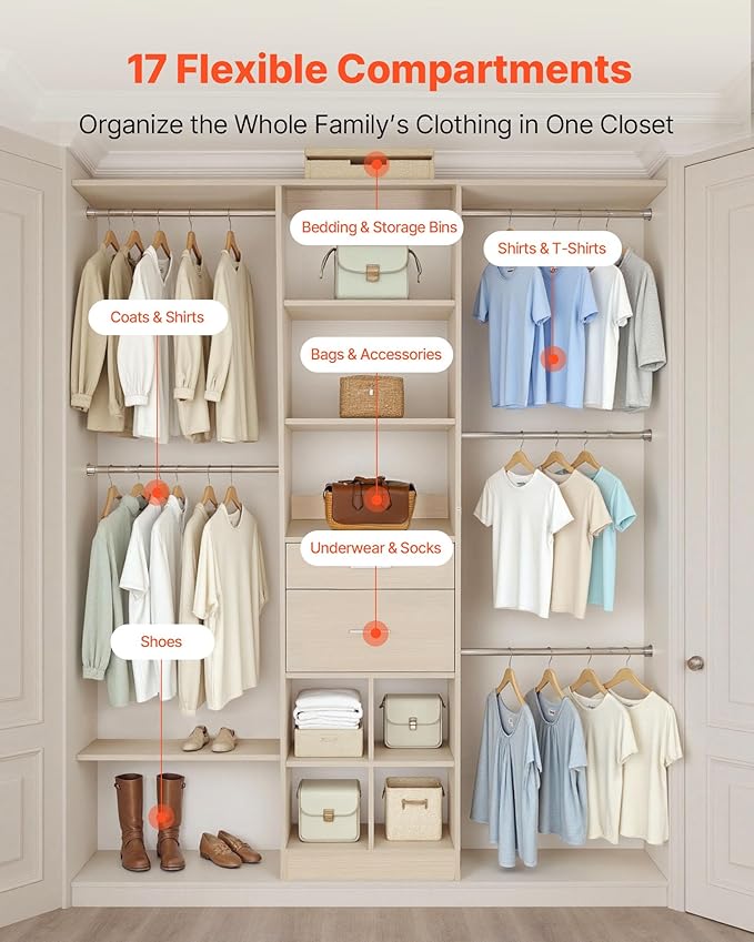 VEVOR Closet System with 2 Drawers, Adjustable Height Wooden Closet Organizers, Modern Walk-in Wardrobe Organization with 5 Retractable Clothes Hanger Rods, Freestanding Garment Rack Storage, Grey