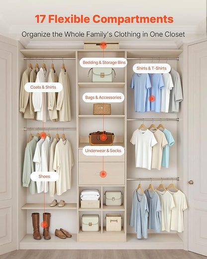 VEVOR Closet System with 2 Drawers, Adjustable Height Wooden Closet Organizers, Modern Walk-in Wardrobe Organization with 5 Retractable Clothes Hanger Rods, Freestanding Garment Rack Storage, Grey