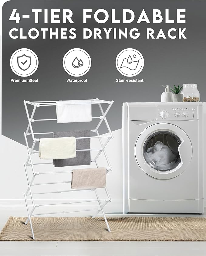 4-Tier Clothes Drying Rack, 4ft High Foldable Drying Rack Clothing for Indoor & Outdoor, Portable Collapsible Laundry Dryer for Laundry Room and Apartment, White 29" L x 49" H x 11.5" W