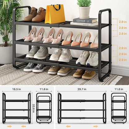 SNTD Shoe Rack - Expandable Shoe Organizer for Closet, Adjustable Metal Shoe Shelf Storage, Stackable Long Shoe Stand Holder for Garage, Entryway, Door Entrance (Black, 3-Tier)