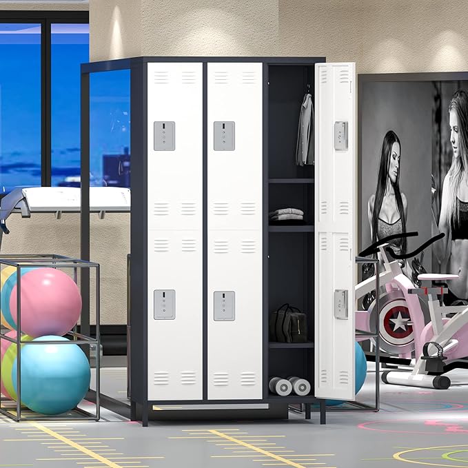 Aobabo Metal Storage Locker for Employees, 6 Doors Metal Locker for Garage, Office, Gym, Dormitory, Industrial Storage with 18 Hooks, Assembly Required, Grey White