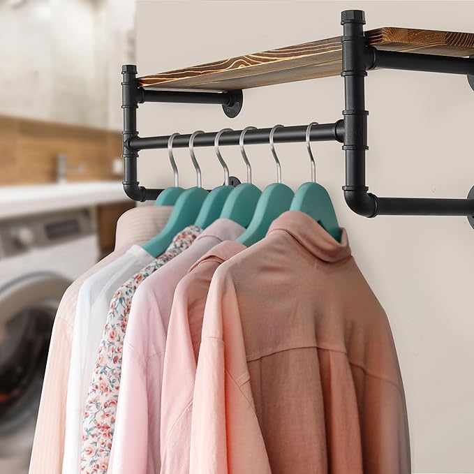 WEBI Wall Mounted Clothes Rack with Shelf,41.3" Long Industrial Pipe Clothing Rack with Shelves,Heavy Duty Iron Garment Rack Bar,Retail Display Clothes Rod for Clothes,Laundry Room,Black