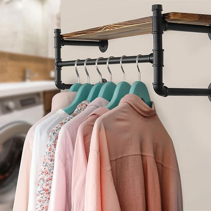 WEBI Wall Mounted Clothes Rack with Shelf,41.3" Long Industrial Pipe Clothing Rack with Shelves,Heavy Duty Iron Garment Rack Bar,Retail Display Clothes Rod for Clothes,Laundry Room,Black
