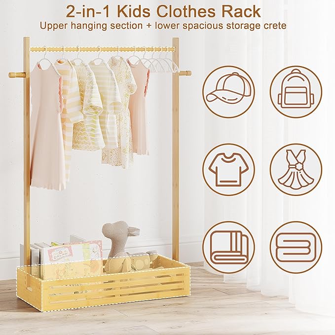 Kids Clothing Rack for Toddler, Pets Clothes Rack with Storage Box & Hanging Rod for Dogs/Cats, Baby Clothes Closet Stand for Nursery Room (Natural, Kids)