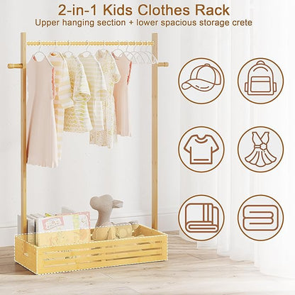 Kids Clothing Rack for Toddler, Pets Clothes Rack with Storage Box & Hanging Rod for Dogs/Cats, Baby Clothes Closet Stand for Nursery Room (Natural, Kids)