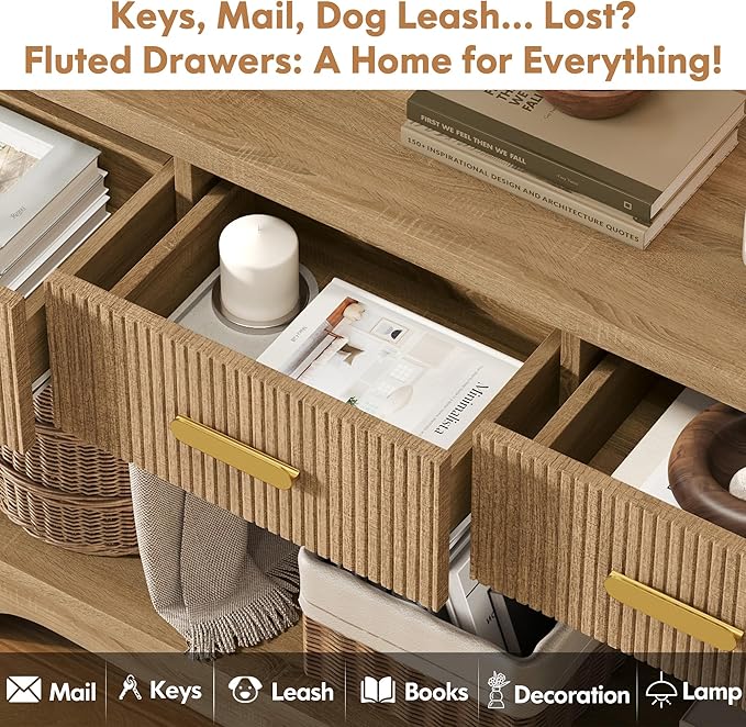 Fluted Console Table with Drawers, 47" Narrow Entryway Table with 3 Drawers and Open Storage Shelf, Long Sofa Tables Modern Behind Couch Tables for Living Room, Foyer and Hallway
