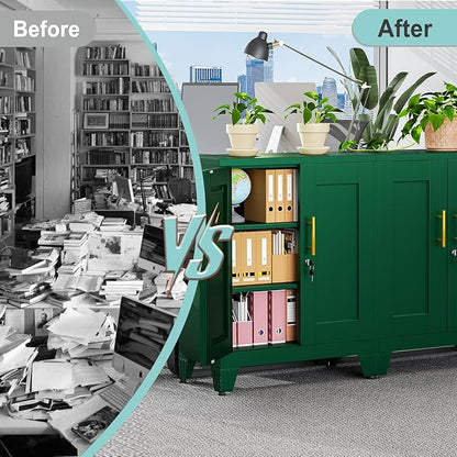35.43" Metal Storage Cabinet with Lock, Metal File Cabinet with 2 Doors ＆ 2 Adjustable Shelves, Steel Locker Utility Tool Garage Cabinets for Home, Office, Warehouse (Green)
