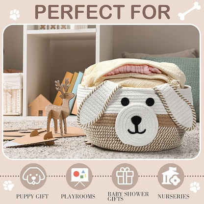 Zopeal Dog Woven Basket Cute Woven Cotton Rope Puppy Animal Storage Basket for Laundry Toy Gift(Khaki, White,13 x 8 Inch)