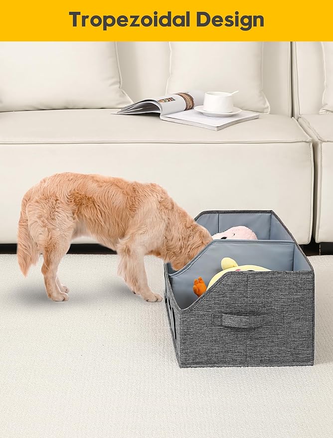 Qozary Large Dog Toy Basket with Diy Tag - Collapsible Dog Toy Bin, Fabric Personalized Storage Box, Trapezoid Storage and Organizer for Pet Supplies (Gray, Medium 27.6"x11.8")