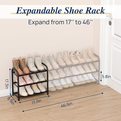 ENJOYBASICS Expandable Shoe Rack, 46.5'' Wide - 20 Pairs Adjustable Shoe Organizer Shelf for Closet, 3-Tier Black Metal Free Standing Shoe Rack Storage for Small Space, Entryway