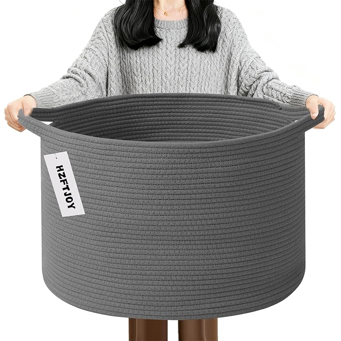 65L Large Blanket Basket,19.7" L x 19.7" W x 13" H Rope Woven Baskets with Handles, Toys Storage Bins,Laundry Basket Perfect for Living Room, Nursery,Bedroom,Home Organization,Dark Gry