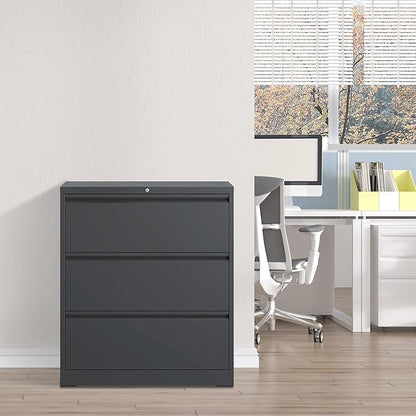 Locking Filing Cabinet with 3 Drawer Heavy Duty Large Metal Cabinet Home Office Black Lateral File Cabinets Wide Steel Cabinets for Legal/Letter Size File,Assembly Required