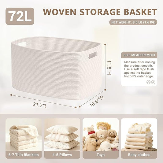 72L Large Baby Girls Laundry Basket for Nursery Storage,Cute Woven cotton Rope Baskets for Kids Toy，Gifts,Boho Square Wicker Blanket hamper for Living Room,Bedroom Dirty Clothes, White