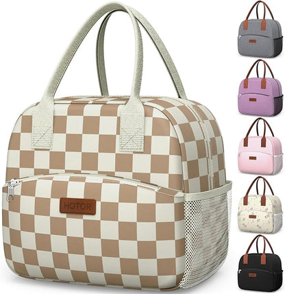 HOTOR Lunch Bag for Women & Men - Wear-Resistant Insulated Lunch Box with Large Capacity, Multi-Functional Cooler Bag for Office, Picnic, Checkered Brown, 10L,10.60" x 5.90" x 9.50"