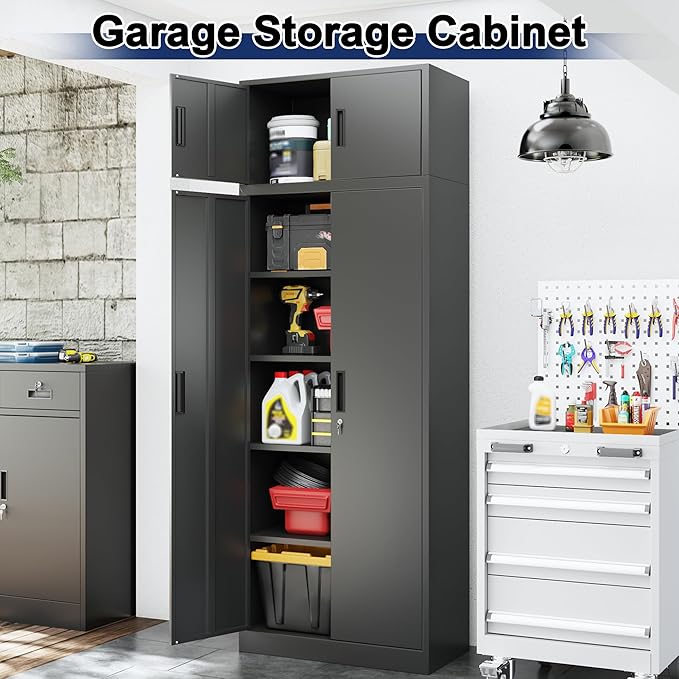 BESFUR Metal Storage Cabinet 87" H，Black Locking Storage Cabinets with Top Cabinet and 4 Adjustable Shelves for Home Office, Garage,School, Apartment, Warehouse, Utility Room