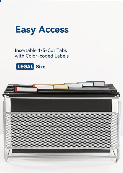 Plastic Legal Size Hanging File Folders, 12 Pack Black Hanging Folders, with Insertable 1/5-Cut Tabs for Filing Cabinets