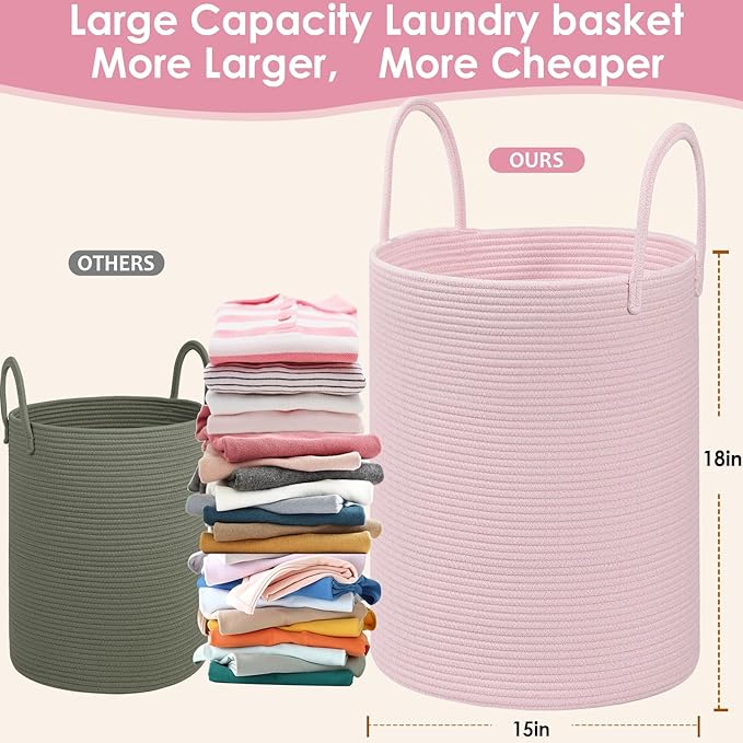 Cotton Rope Storage Basket with Handles, Pink, Large Capacity Laundry Hamper and Laundry Basket for Clothes, 15x18 Inches, Nursery Organizer