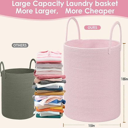 Cotton Rope Storage Basket with Handles, Pink, Large Capacity Laundry Hamper and Laundry Basket for Clothes, 15x18 Inches, Nursery Organizer