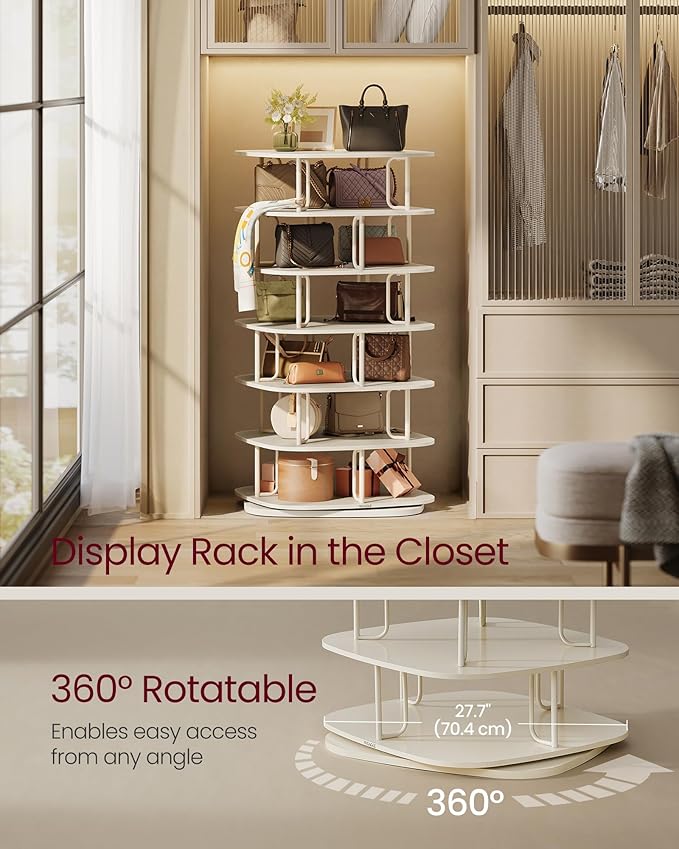VASAGLE 7-Tier Shoe Rack, Rotating Shoe Rack Tower, Shoe Closet Organizer, Shoe Shelf, 28-35 Pairs, 23.6 x 23.6 x 47.2 Inches, for Entryway, Living Room, Closet, Cream White ULBS041W01