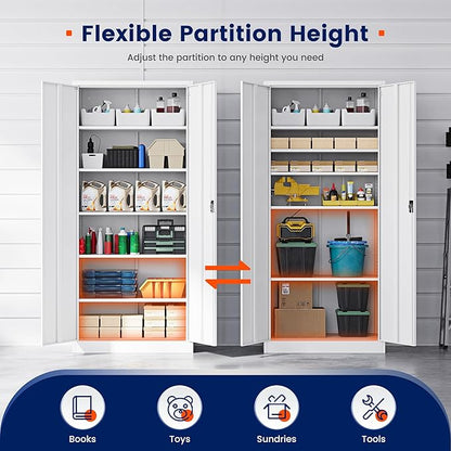 Yizosh Metal Garage Storage Cabinet with Lock, 72" Locking Tool Cabinet with 2 Doors and 4 Shelves, Tall Steel Cabinet for Garage, Heavy Duty File Cabinet for Office, School (White)