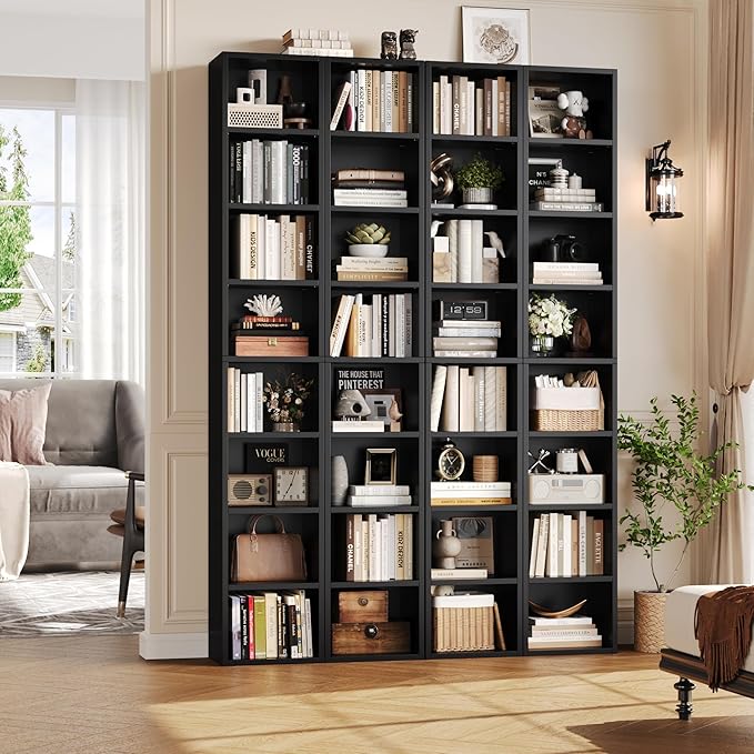 FOTOSOK 2 Pcs 71'' Tall Narrow Bookshelf, 8-Tier Media Tower Rack Set of 2, CD DVD Storage Cabinet with Adjustable Shelves, Tall Narrow Bookcase Skinny Display Bookshelf Slim Shelf, Black
