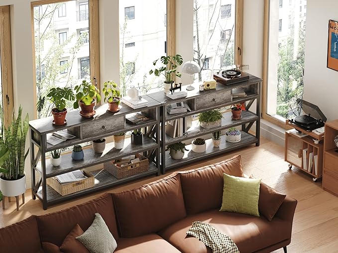 Mexin 47 Inch Console Sofa Table with Drawer, Industrial Entryway Table with Storage Shelves, Storage Organizer for Hallway Living Room Couch Foyer Kitchen Counter, Grey Oak