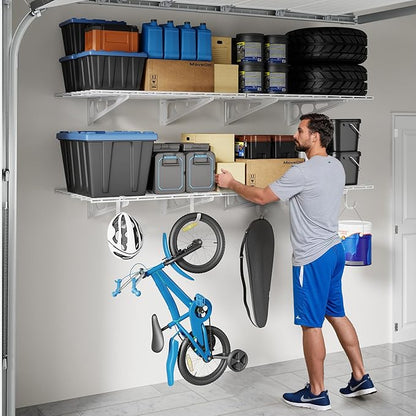 FLEXIMOUNTS 2-Pack 2x6ft Garage Shelving with Hooks, 24-inch-by-72-inch Wall Shelf Garage Storage Racks Floating Shelves, White, Classic Series