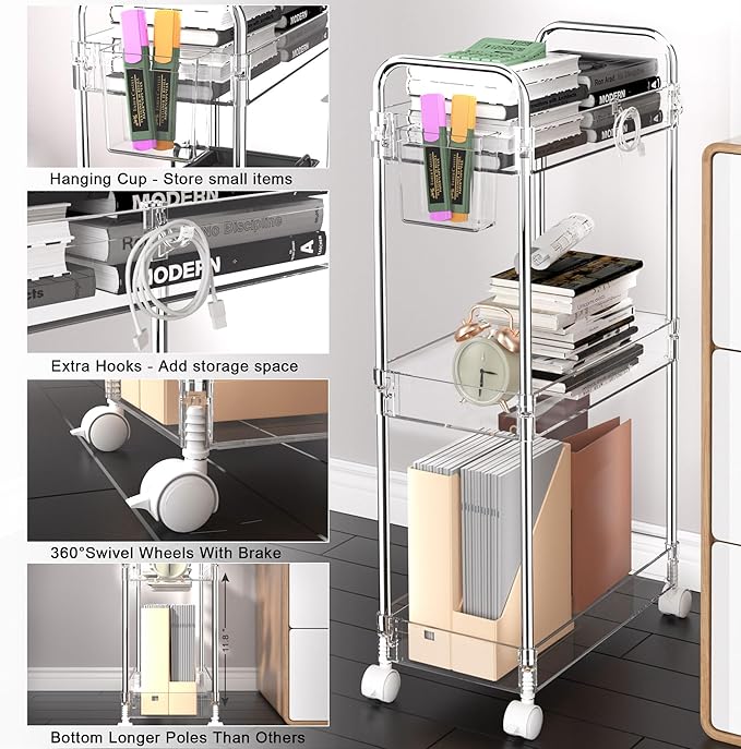 SPACEKEEPER 3 Tier Acrylic Storage Rolling Cart Clear Bathroom Cart Organizer, Transparency Laundry Room Organization Mobile Shelving Unit Multifunction Rolling Utility Cart for Office Living Room