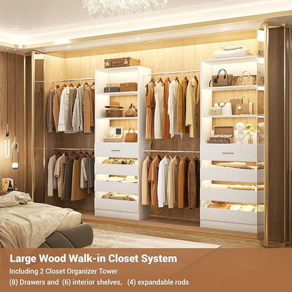Aheaplus Closet System, 6-15Ft Closet Organizer with 8 Wooden Drawers, Wood Closet Organizer System with Tower, Walk-in Closet Organizer Wardrobe Clothes Rack with 4 Hanging Rods, Garment Rack, White