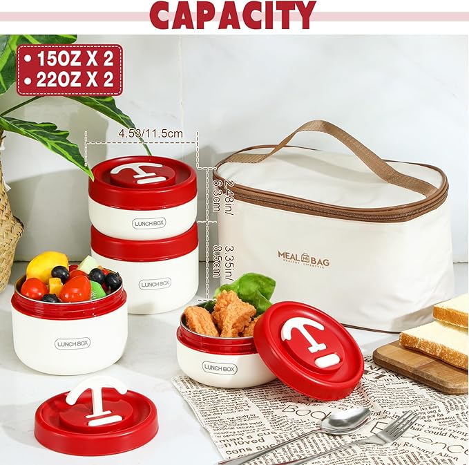 Dandat 4 Pcs Insulated Bento Box Portable Stainless Steel Food Container Round Stackable Leakproof Thermal Food Container for Adult Men Women with Insulated Bag, 74 oz(Red)