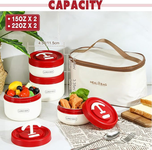 Dandat 4 Pcs Insulated Bento Box Portable Stainless Steel Food Container Round Stackable Leakproof Thermal Food Container for Adult Men Women with Insulated Bag, 74 oz(Red)