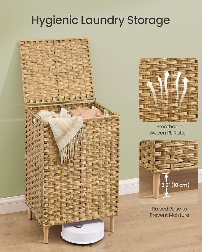 SONGMICS 2-Section Laundry Hamper with Lid, 29 Gal (110L) PE Rattan Laundry Basket with Removable Washable Liners, for Bedroom & Living Room, Goose Yellow ULCB222YE01