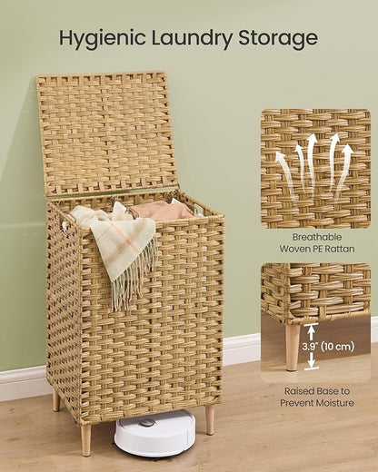 SONGMICS 2-Section Laundry Hamper with Lid, 29 Gal (110L) PE Rattan Laundry Basket with Removable Washable Liners, for Bedroom & Living Room, Goose Yellow ULCB222YE01