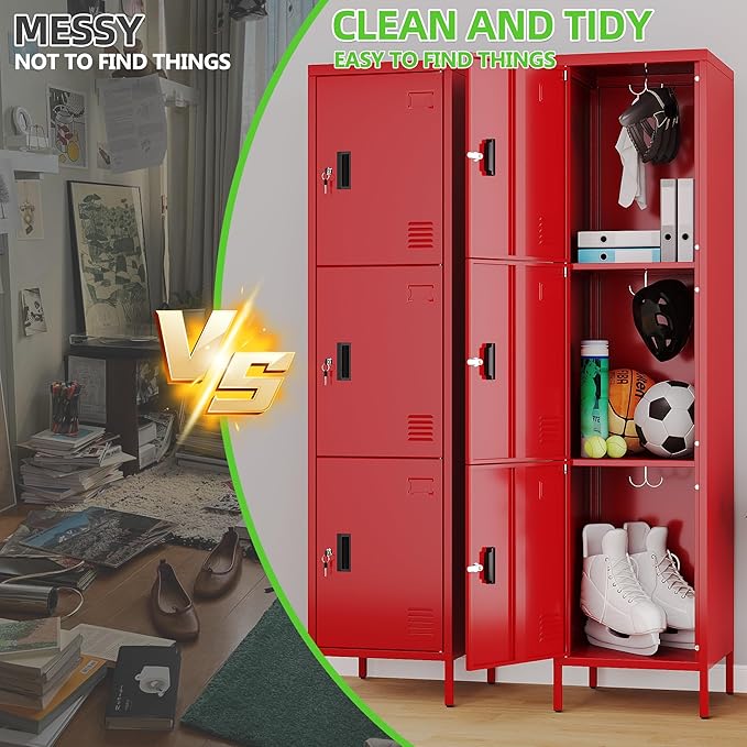 Metal Locker with Hooks and Ventilation Holes,Metal Storage Locker with Keys and Business Card Slot for Home,Gym,Garage,School,Office,66" H x 15.75" W x 15.75" D,Assembly Required,Red