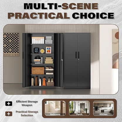 72” Metal Storage Cabinet, Lockable File Cabinets with 2 Doors and 4 Adjustable Shelves, Steel Tool Cabinets with Lock for Office, Home, Gym, Black-Small