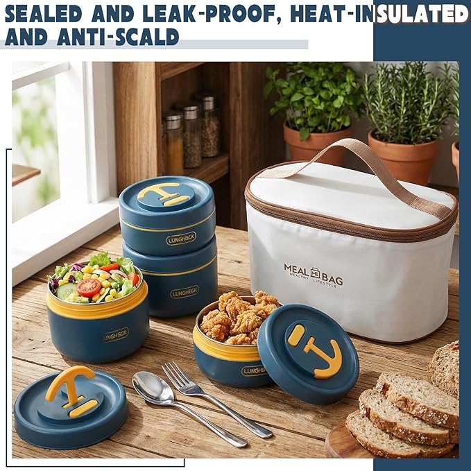 Dandat 4 Pcs Insulated Bento Box Portable Stainless Steel Food Container Round Stackable Leakproof Thermal Food Container for Adult Men Women with Insulated Bag, 74 oz(Royal Blue)