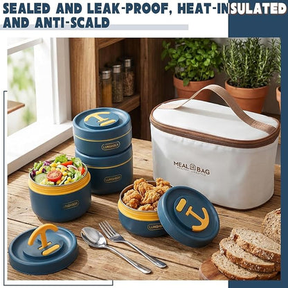 Dandat 4 Pcs Insulated Bento Box Portable Stainless Steel Food Container Round Stackable Leakproof Thermal Food Container for Adult Men Women with Insulated Bag, 74 oz(Royal Blue)