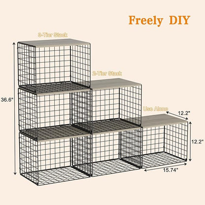 Extra-Long Closet Organizers and Storage with Top Board, 3 Pack Stackable Closet Shelf Organizer, Double Storage Design Clothes Storage Cube/Bin Organizer for Wardrobe,Space-Saving, Black,Sturdy,Metal