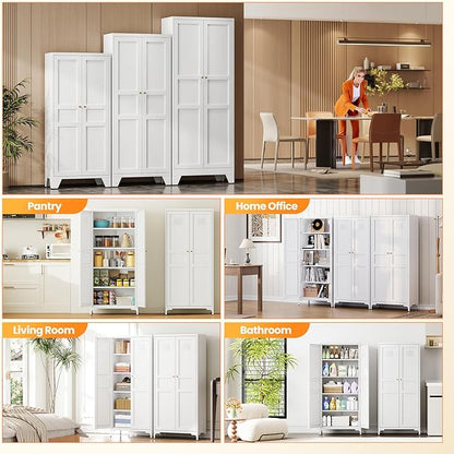 61" Tall Kitchen Pantry Storage Cabinet with 2 Doors and 4 Adjustable Shelve, Metal White Food Pantry Cabinet, Kitchen Cabinet Storage Unit,5 Tier Freestanding Cupboard for Kitchen Dining/Living Room