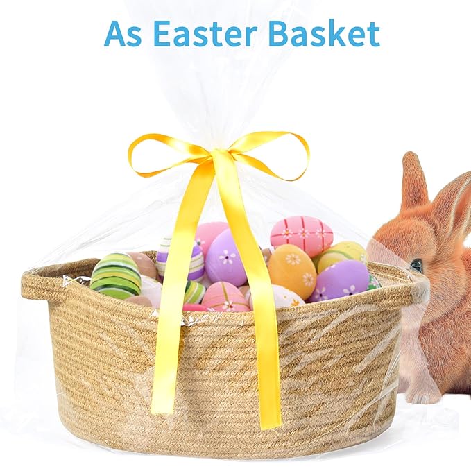 ABenkle Small Basket with Gift Bags and Ribbons, Empty Gift Baskets for Mother's Day, Decorative Boho Rope Woven Nursery Storage Organizer Toy Baskets with Handle for Baby Showers, 12"X 8" X 5"