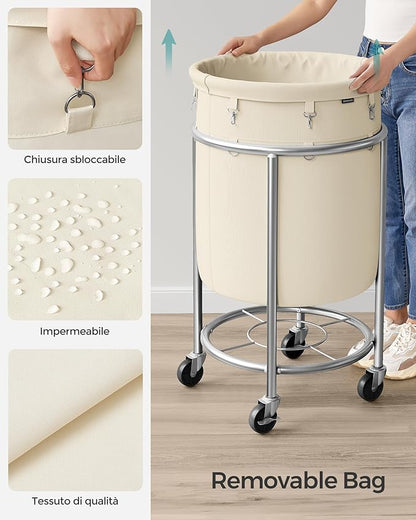 SONGMICS 29-Gallon (110 L) Laundry Basket with Wheels, Rolling Round Heavy-Duty Laundry Hamper Cart with Steel Frame and Removable Bag, 2 Locking Wheels, Cream White and Metallic Silver URLS002W01
