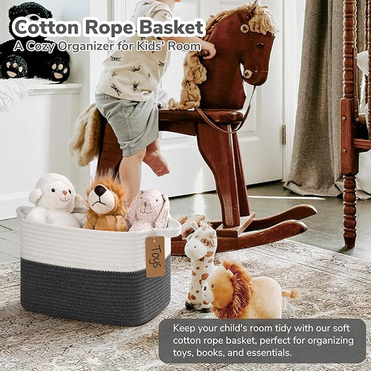 Goodpick Woven Storage Basket for Shelves, Baskets for Organizing, Cotton Rope Baskets with Handles, Rectangle Basket for Baby Toy Storage, 13 x 10 x 9 Inches, White & Dark Gray