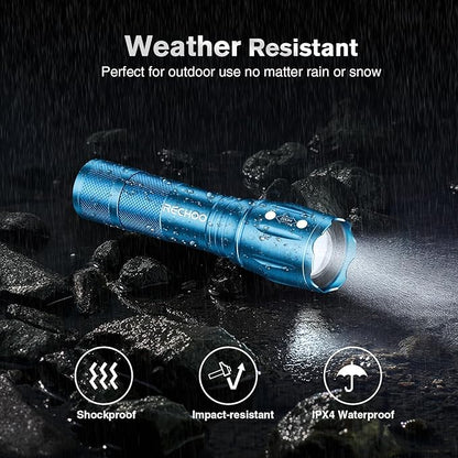 RECHOO LED Flashlight 2 Pack Blue, Tactical Flashlights High Lumens with 3 Modes, Pocket Small Flash Light, Waterproof Zoomable Flashlights for Home Emergency, Camping Essentials (Battery Included)