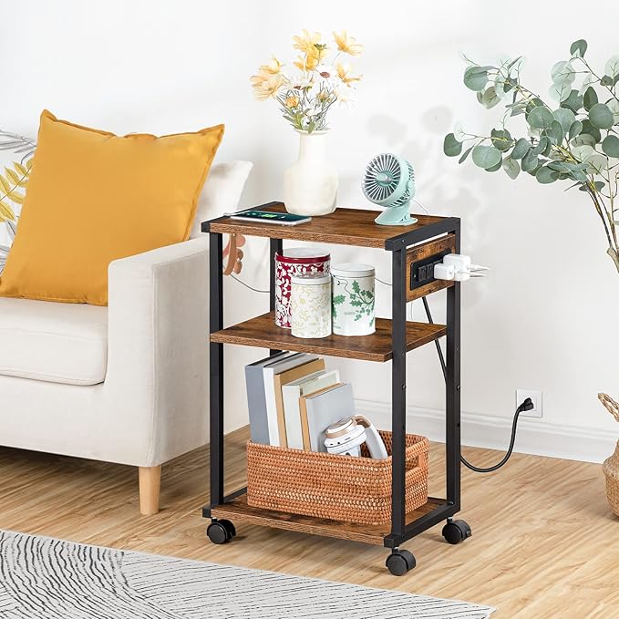 HOOBRO Industrial Printer Stand with Charging Station, 3-Tier Printer Table, Rolling Printer Cart with Adjustable Shelf and Hook, Rustic Brown and Black BF28UPS01