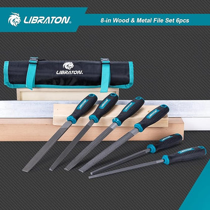 Libraton 6PCS Metal File Set, Metal Files, Metal Files for Steel, 5 Metal Rasp Files, 1 Wood File, 8" High-Carbon Steel Files with Rubber Handle, for Metalworking & Woodworking