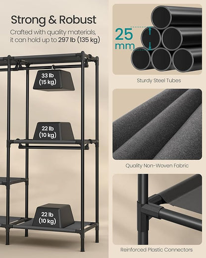 SONGMICS Clothes Rack, Portable Closet, Heavy-Duty Wardrobe Closet Organizer with Hanging Rails and Shelves, 79.9 Inches Tall, Total Load 297 lb, Easy Assembly, for Bedroom, Ink Black URDR212BZ01