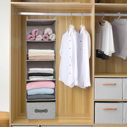 Large Hanging Sweater Organizer for Closet,Collapsible 6-Shelf Hanging Closet Shelves with Drawers, Washable (Grey-5 Shelf-1 d)