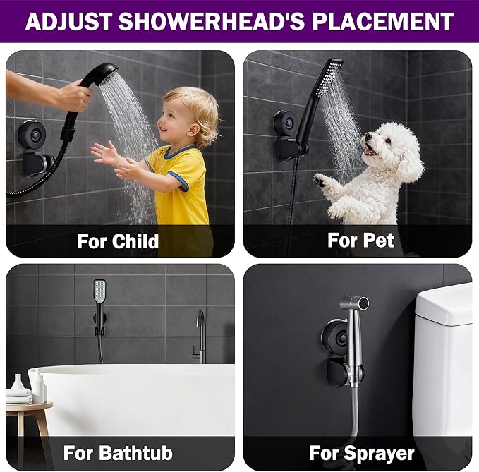 JOMOLA Adjustable Shower Head Holder with Suction Cup, Universal Handheld Shower Bracket for Different Wall, Matte Black Stainless Steel Relocatable Shower Caddy for Family