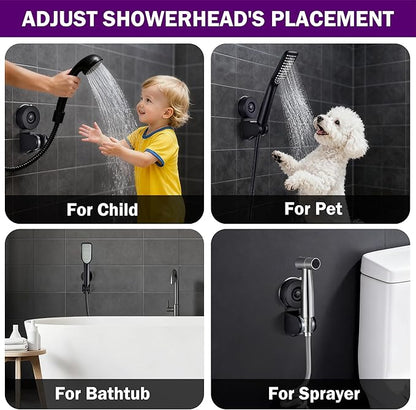 JOMOLA Adjustable Shower Head Holder with Suction Cup, Universal Handheld Shower Bracket for Different Wall, Matte Black Stainless Steel Relocatable Shower Caddy for Family